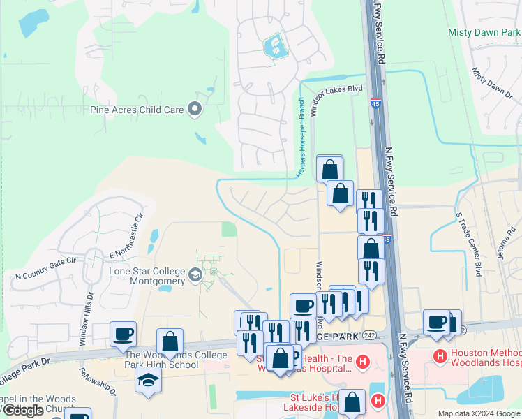 map of restaurants, bars, coffee shops, grocery stores, and more near 2 Abercrombie Place in The Woodlands