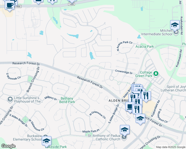 map of restaurants, bars, coffee shops, grocery stores, and more near 78 North Walden Elms Circle in Spring