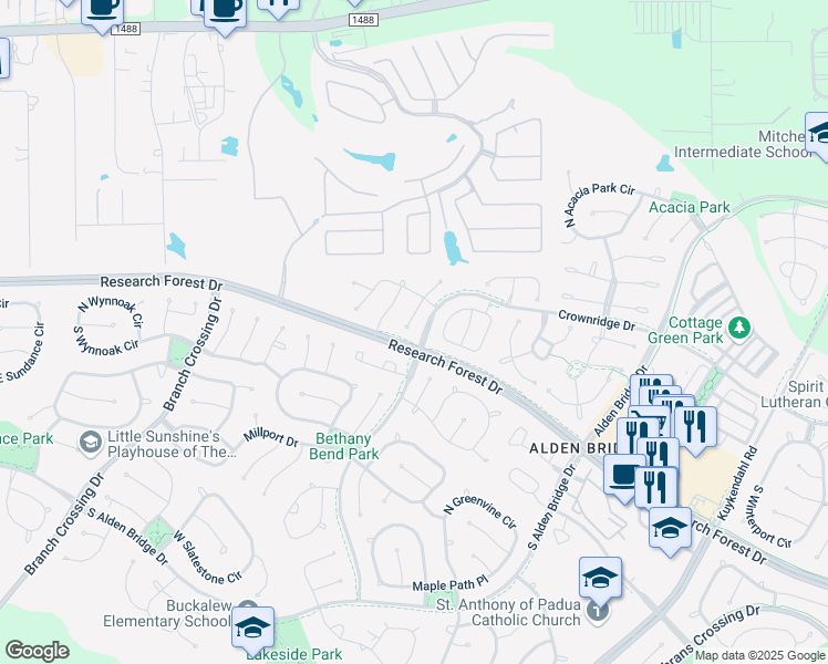 map of restaurants, bars, coffee shops, grocery stores, and more near 11 South Manorcliff Place in Spring