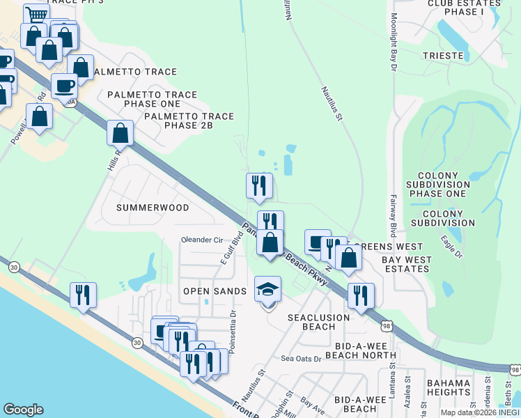 map of restaurants, bars, coffee shops, grocery stores, and more near 206-298 North Gulf Boulevard in Panama City Beach