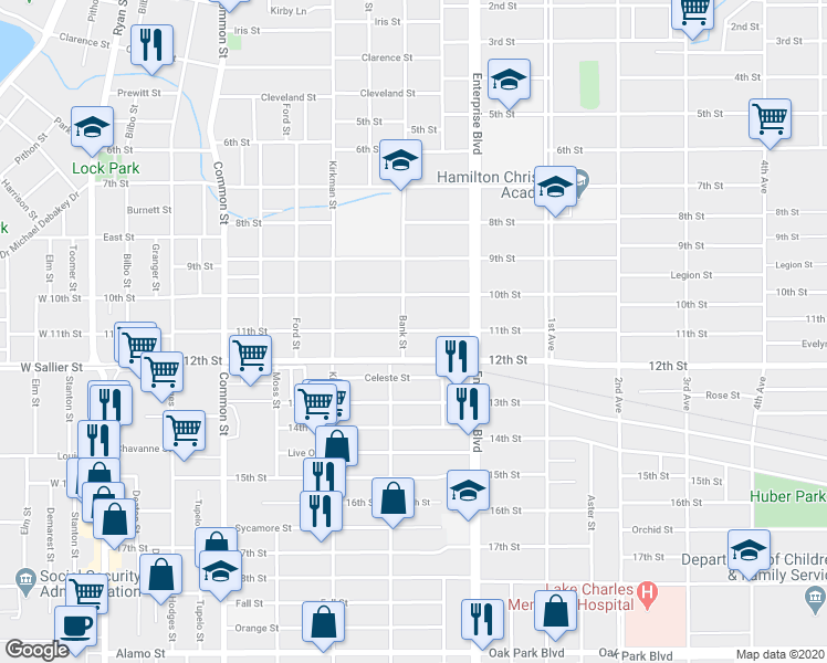 map of restaurants, bars, coffee shops, grocery stores, and more near 1012 11th Street in Lake Charles