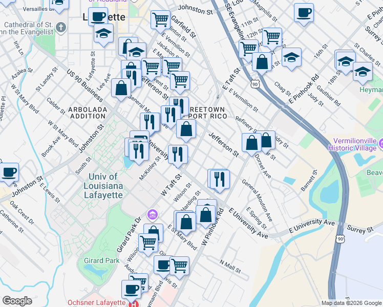 map of restaurants, bars, coffee shops, grocery stores, and more near 311 Roosevelt Street in Lafayette