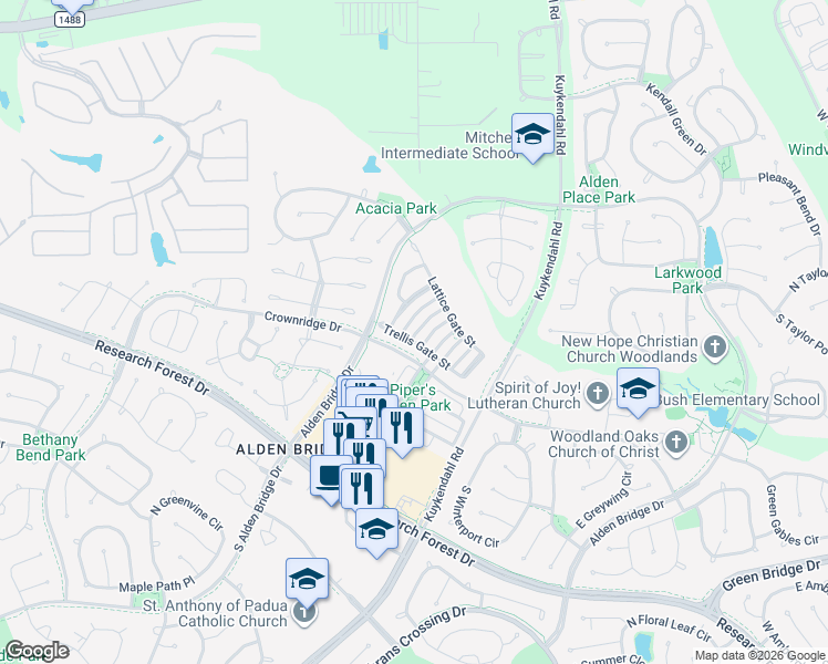 map of restaurants, bars, coffee shops, grocery stores, and more near 19 Blackbird Lane in The Woodlands