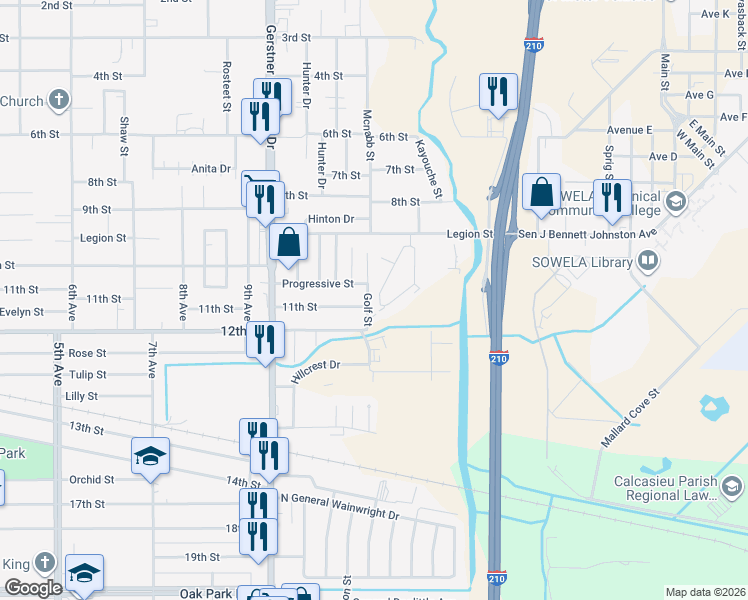 map of restaurants, bars, coffee shops, grocery stores, and more near 216 Gelpi Drive in Lake Charles