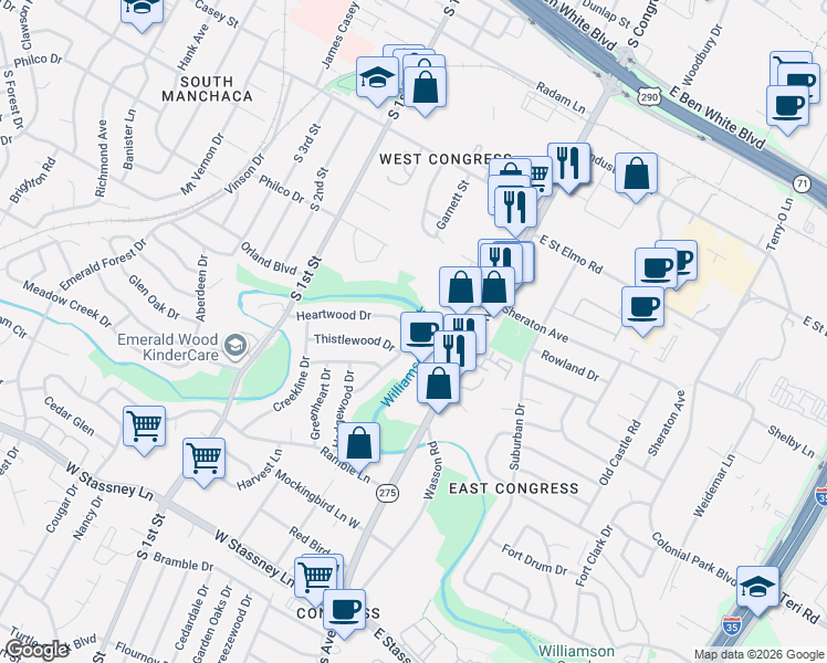 map of restaurants, bars, coffee shops, grocery stores, and more near 320 Heartwood Dr in Austin