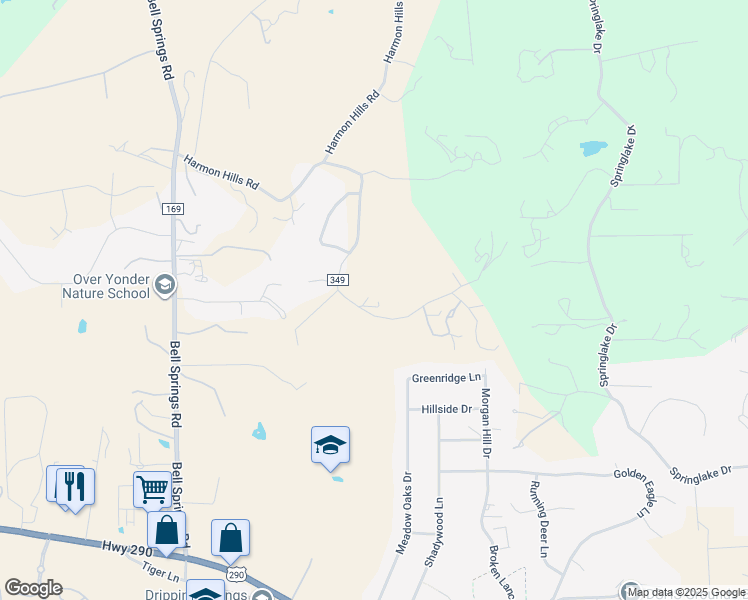map of restaurants, bars, coffee shops, grocery stores, and more near 315 Harmon Hills Cove in Dripping Springs