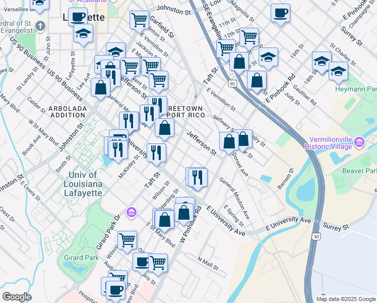 map of restaurants, bars, coffee shops, grocery stores, and more near 801 General Mouton Avenue in Lafayette