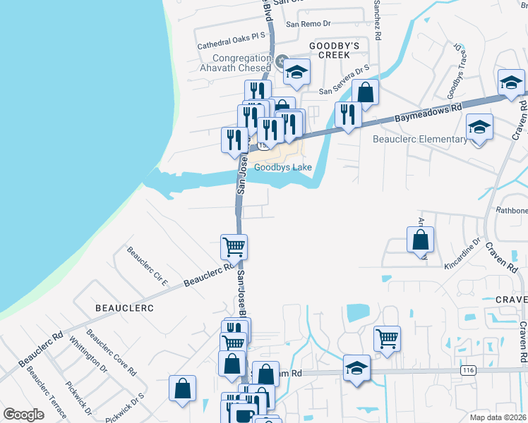 map of restaurants, bars, coffee shops, grocery stores, and more near 9047 San Jose Boulevard in Jacksonville