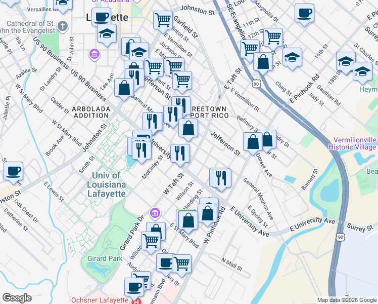 map of restaurants, bars, coffee shops, grocery stores, and more near 611 Stevenson Street in Lafayette