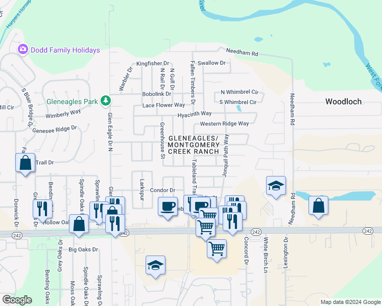 map of restaurants, bars, coffee shops, grocery stores, and more near 16904 Tableland Road in Conroe
