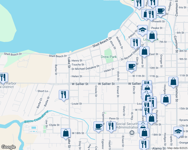 map of restaurants, bars, coffee shops, grocery stores, and more near 520 Helen Street in Lake Charles