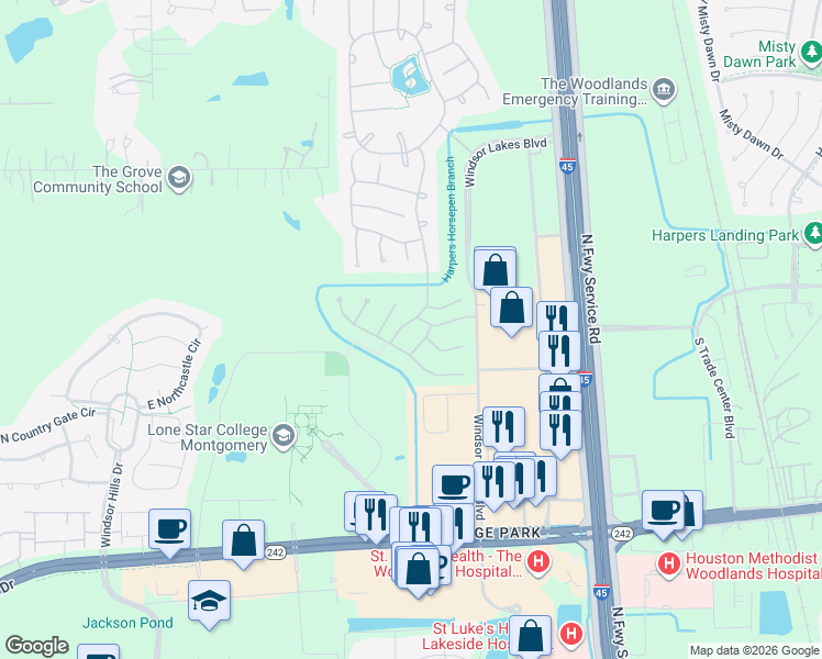 map of restaurants, bars, coffee shops, grocery stores, and more near 51 Greenwich Place in Conroe