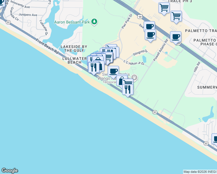 map of restaurants, bars, coffee shops, grocery stores, and more near 15817 Front Beach Road in Panama City Beach