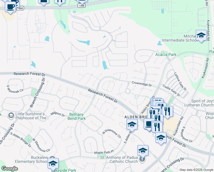 map of restaurants, bars, coffee shops, grocery stores, and more near 46 Timberstar Street in Spring