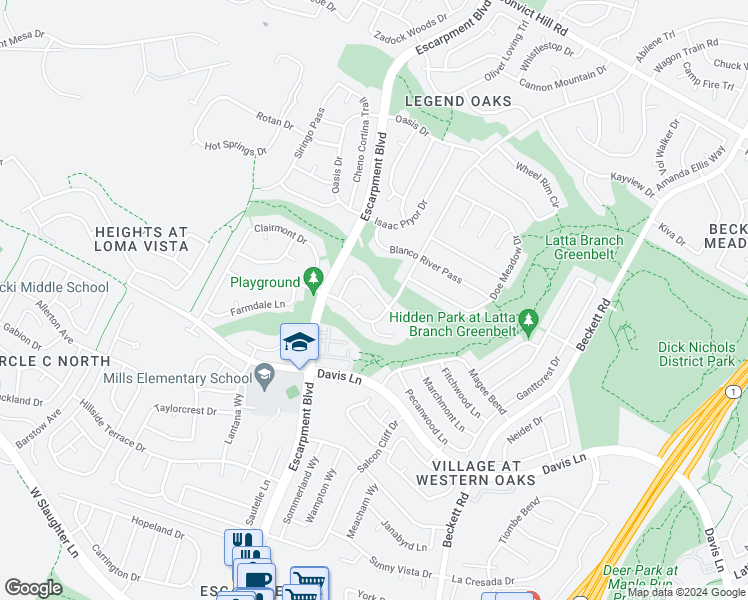 map of restaurants, bars, coffee shops, grocery stores, and more near 6107 La Naranja Lane in Austin