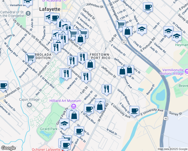map of restaurants, bars, coffee shops, grocery stores, and more near 311 Roosevelt Street in Lafayette