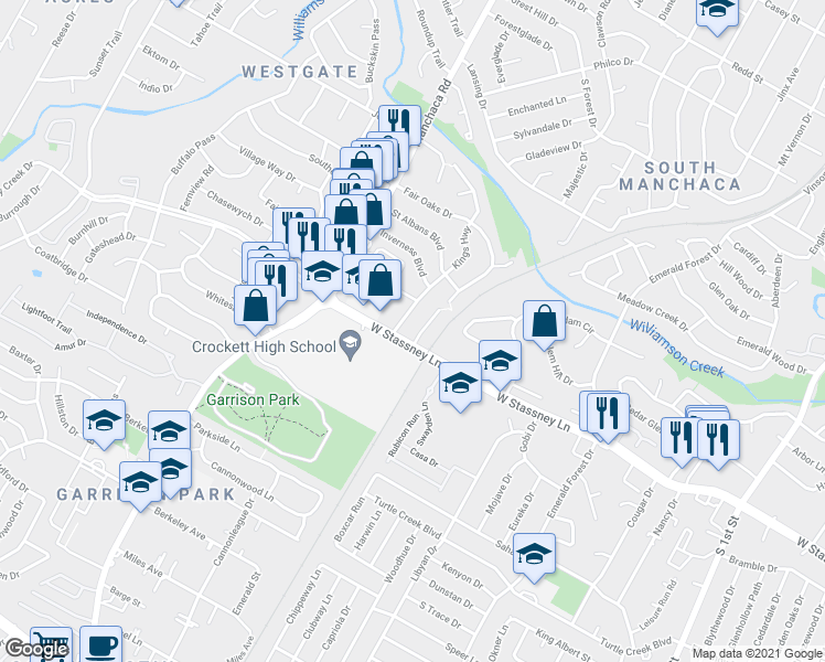 map of restaurants, bars, coffee shops, grocery stores, and more near 5502 Rose Hill Circle in Austin