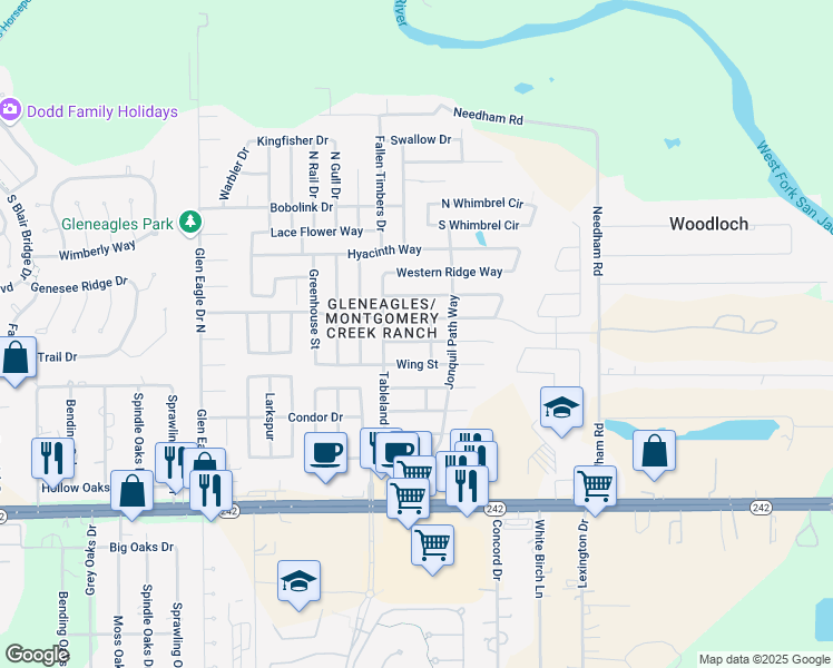 map of restaurants, bars, coffee shops, grocery stores, and more near 9927 Yearling Place in Conroe