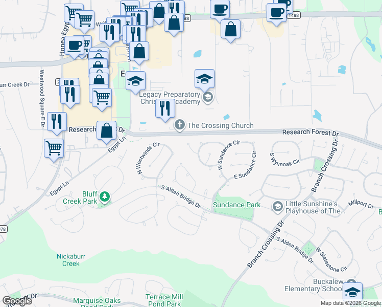 map of restaurants, bars, coffee shops, grocery stores, and more near 11 Vinca Trail in Spring