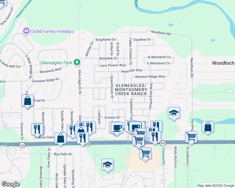 map of restaurants, bars, coffee shops, grocery stores, and more near 16862 Blackberry Lily Lane in The Woodlands