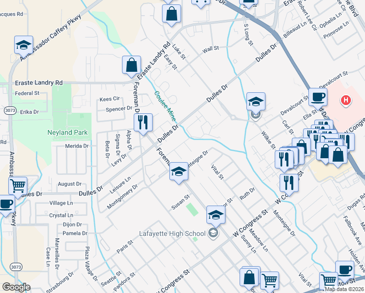map of restaurants, bars, coffee shops, grocery stores, and more near 201-299 Bridgeway Drive in Lafayette