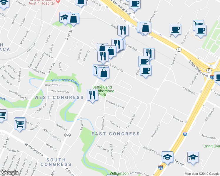 map of restaurants, bars, coffee shops, grocery stores, and more near Sheraton Ave & Lucksinger Ln in Austin