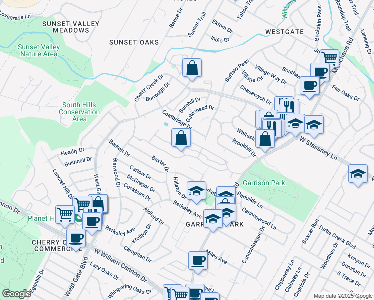 map of restaurants, bars, coffee shops, grocery stores, and more near 2412 Lightfoot Trail in Austin