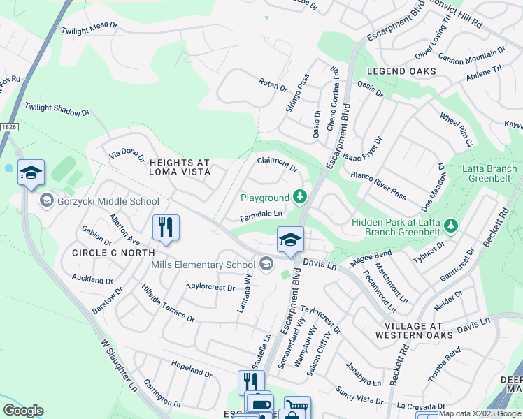map of restaurants, bars, coffee shops, grocery stores, and more near 6316 Farmdale Lane in Austin