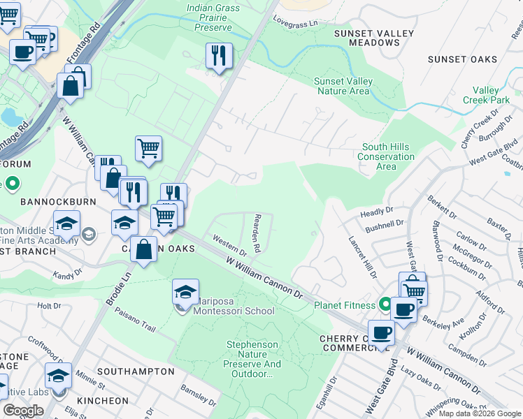 map of restaurants, bars, coffee shops, grocery stores, and more near 6708 Lost Valley in Austin