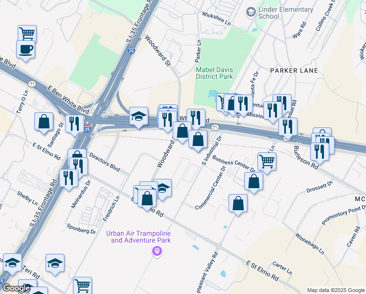 map of restaurants, bars, coffee shops, grocery stores, and more near 2090 Woodward Street in Austin