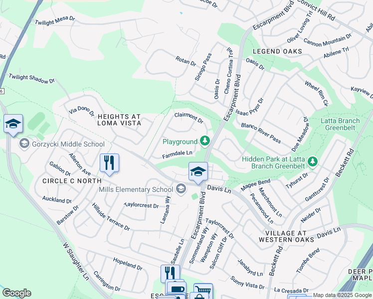 map of restaurants, bars, coffee shops, grocery stores, and more near 6316 Farmdale Lane in Austin
