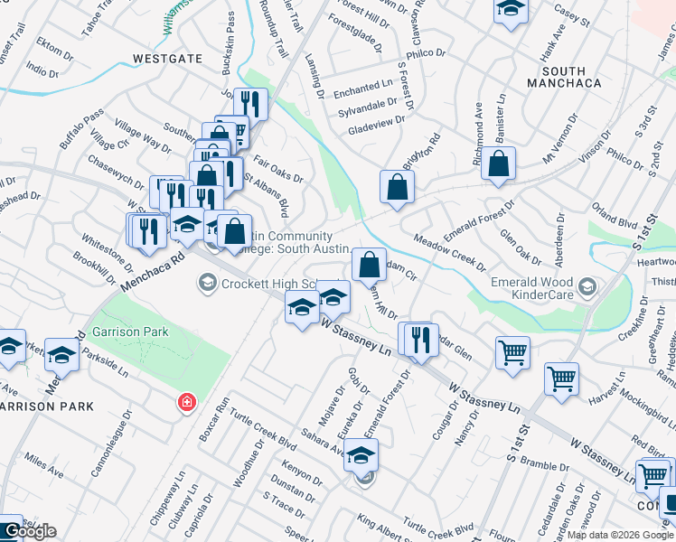 map of restaurants, bars, coffee shops, grocery stores, and more near 1405 Salem Meadow Circle in Austin