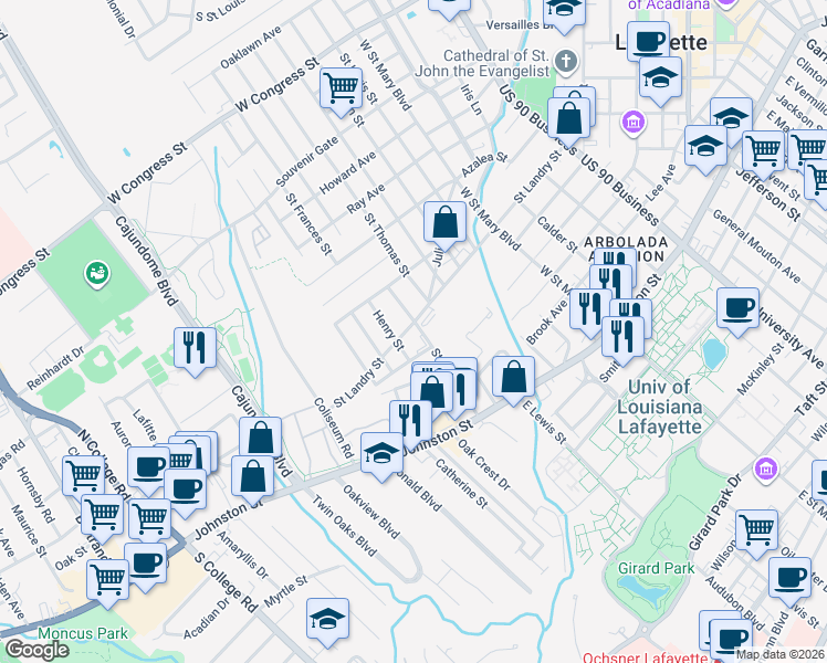 map of restaurants, bars, coffee shops, grocery stores, and more near 903 Saint Landry Street in Lafayette