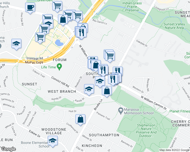 map of restaurants, bars, coffee shops, grocery stores, and more near 3610 Bannockburn Drive in Austin