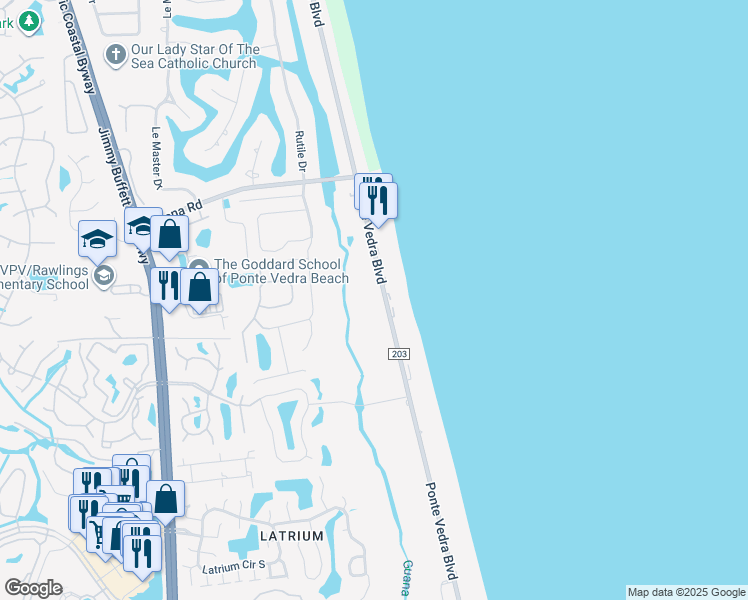 map of restaurants, bars, coffee shops, grocery stores, and more near 628 Ponte Vedra Boulevard in Ponte Vedra Beach
