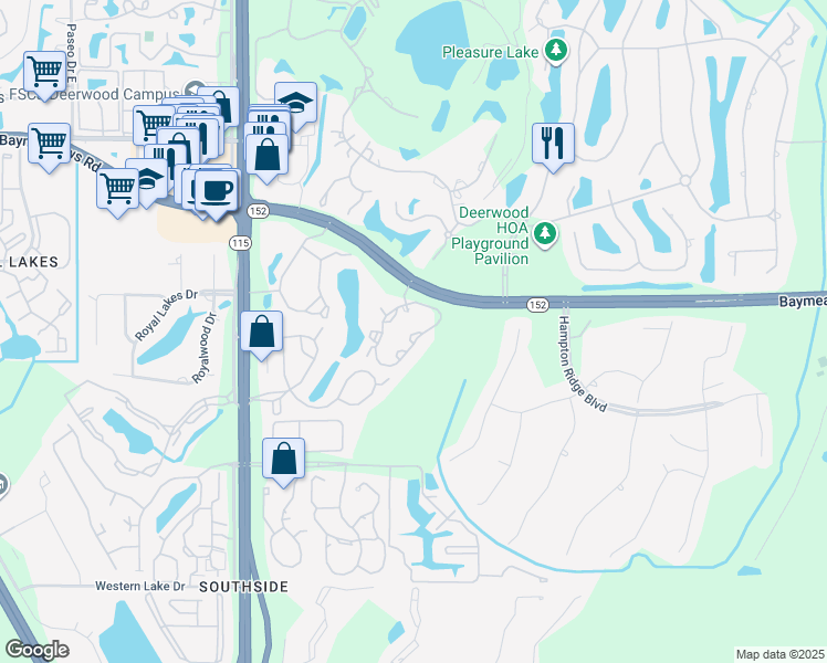 map of restaurants, bars, coffee shops, grocery stores, and more near 10100 Baymeadows Road in Jacksonville