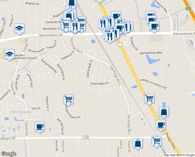 map of restaurants, bars, coffee shops, grocery stores, and more near 8976 Blaine Meadows Drive in Jacksonville