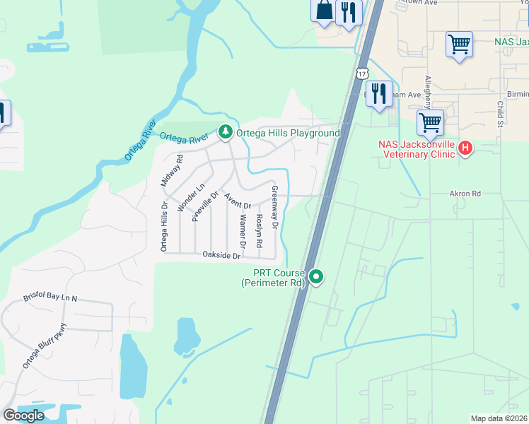 map of restaurants, bars, coffee shops, grocery stores, and more near 4838 Avent Drive in Jacksonville