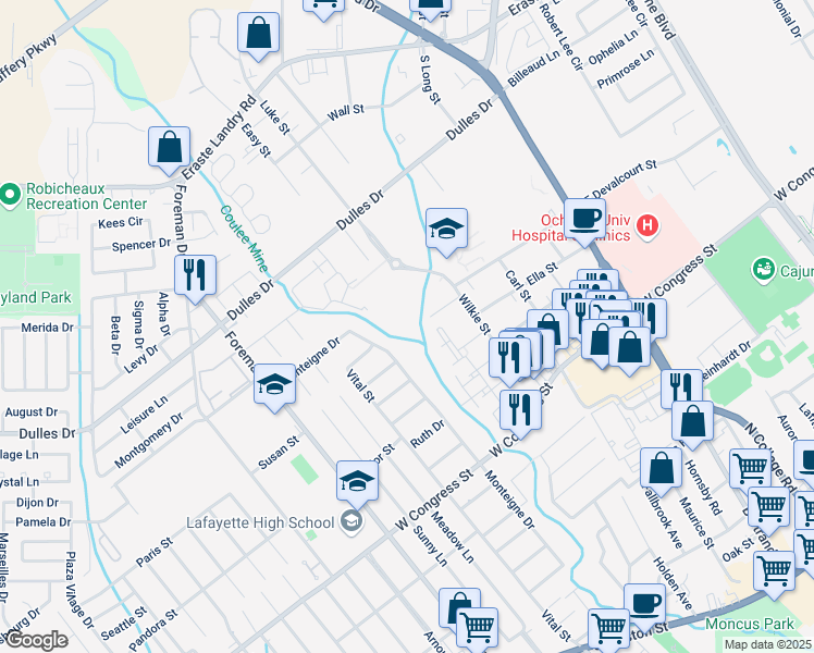 map of restaurants, bars, coffee shops, grocery stores, and more near 304 Monteigne Drive in Lafayette