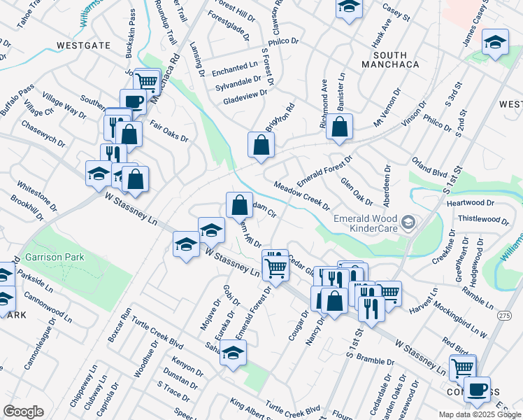 map of restaurants, bars, coffee shops, grocery stores, and more near 1211 Radam Circle in Austin
