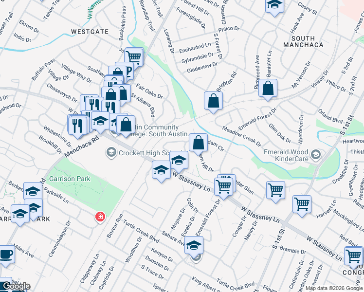 map of restaurants, bars, coffee shops, grocery stores, and more near 1405 Salem Meadow Circle in Austin