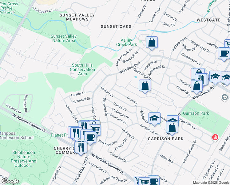 map of restaurants, bars, coffee shops, grocery stores, and more near 2621 Baxter Drive in Austin