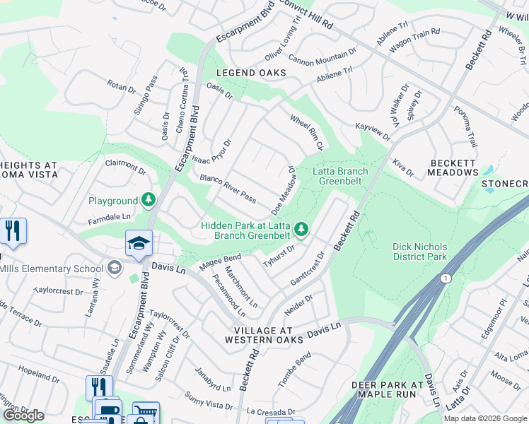 map of restaurants, bars, coffee shops, grocery stores, and more near 5801 Blanco River Pass in Austin