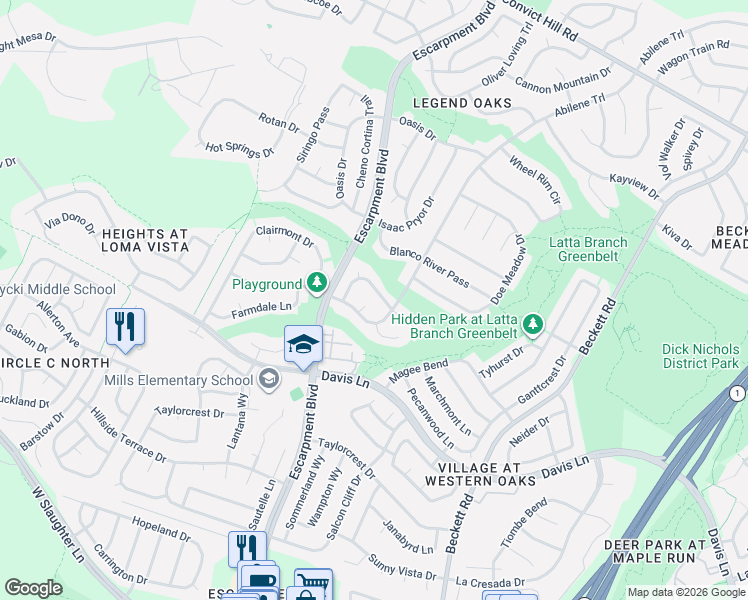 map of restaurants, bars, coffee shops, grocery stores, and more near 6106 La Naranja Lane in Austin