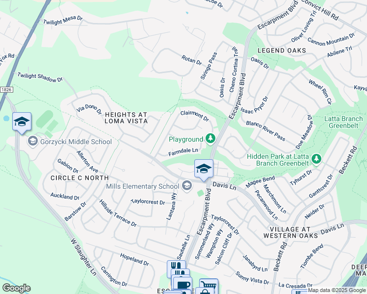 map of restaurants, bars, coffee shops, grocery stores, and more near 6316 Farmdale Lane in Austin