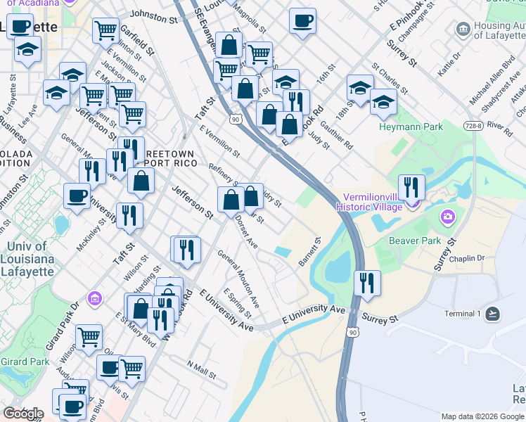 map of restaurants, bars, coffee shops, grocery stores, and more near 106 South Refinery Street in Lafayette