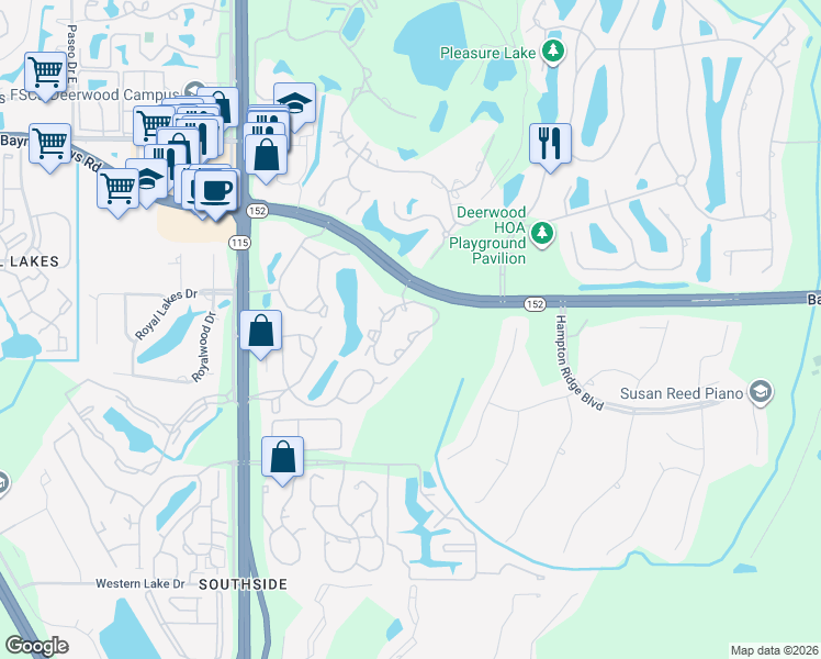 map of restaurants, bars, coffee shops, grocery stores, and more near 10100 Baymeadows Road in Jacksonville