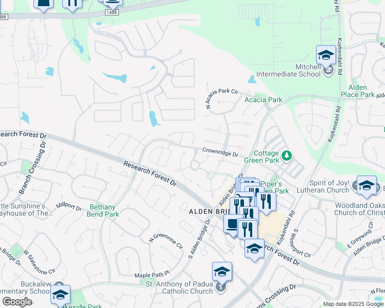 map of restaurants, bars, coffee shops, grocery stores, and more near 59 North Belfair Place in Spring