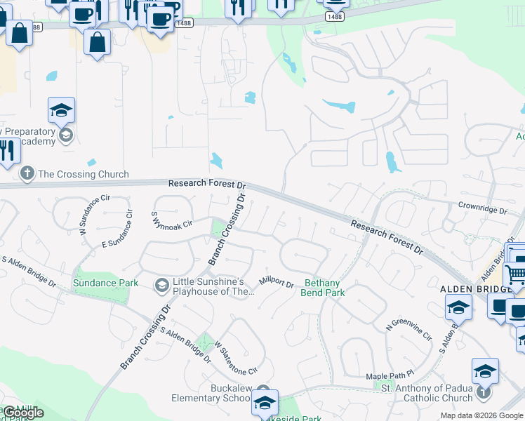 map of restaurants, bars, coffee shops, grocery stores, and more near 31 Dalea Place in Spring