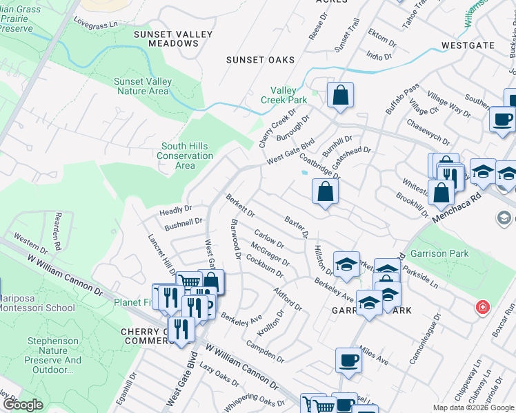 map of restaurants, bars, coffee shops, grocery stores, and more near 2621 Baxter Drive in Austin